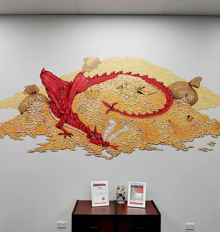 Mural on the wall - Dragon lying on golden treasures