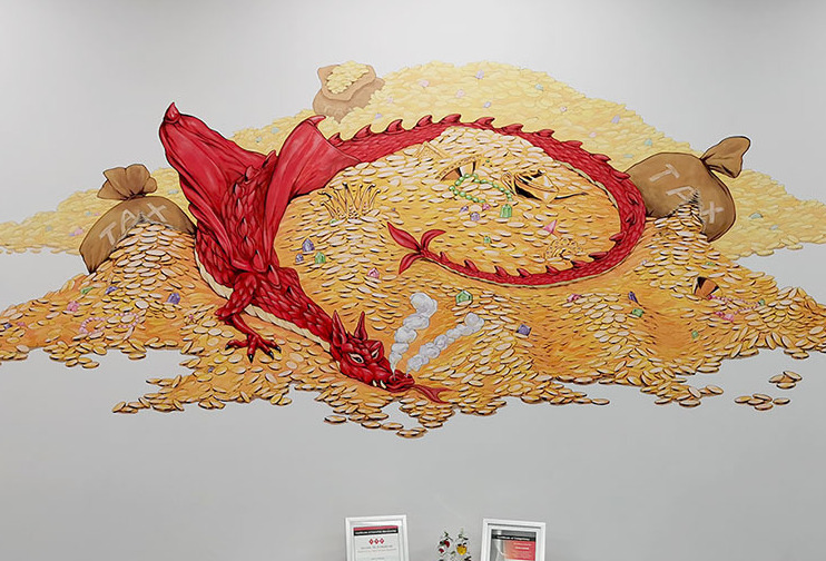 Mural on the wall - Dragon lying on golden treasures