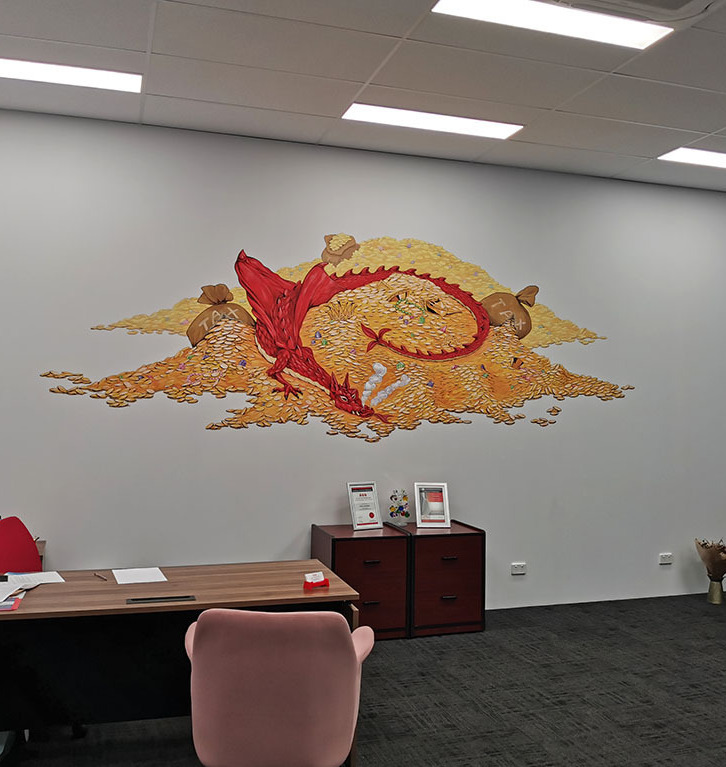 Mural on the wall - Dragon lying on golden treasures
